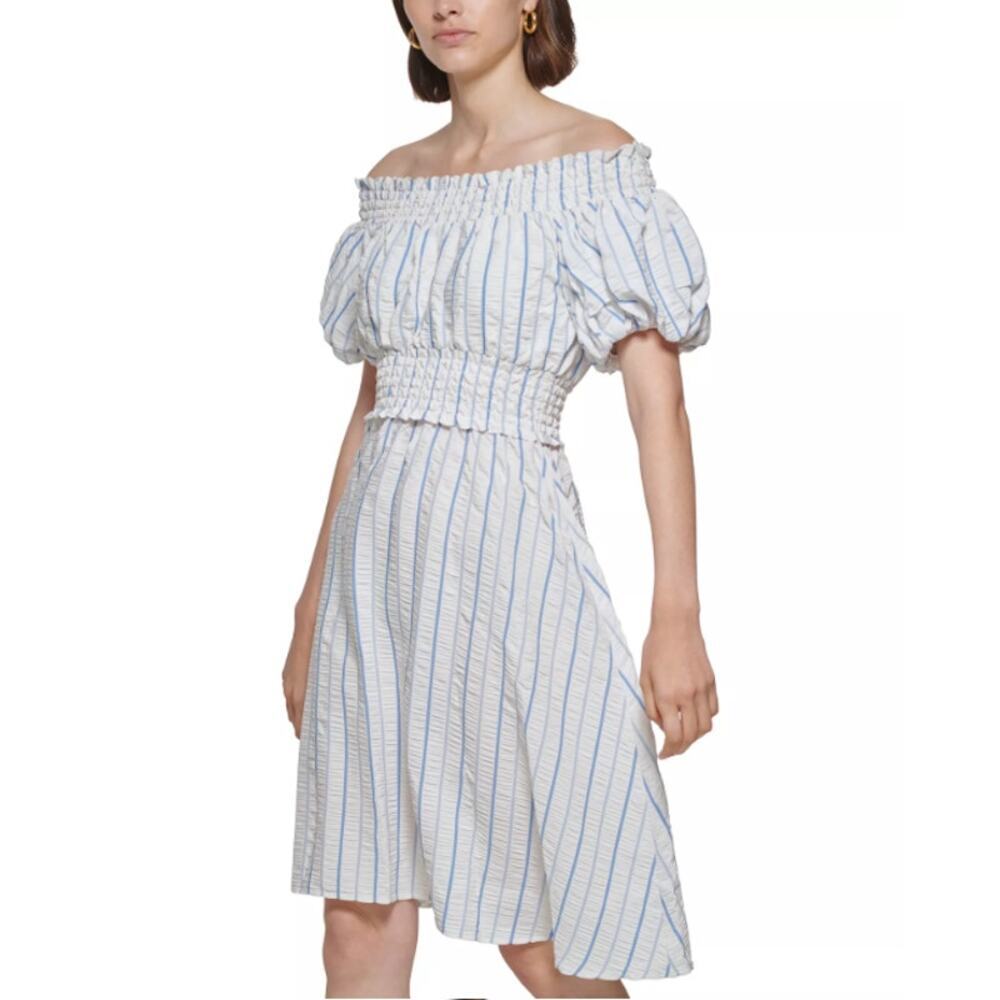 Calvin Klein Women's White Blue Striped Off-The-Shoulder Dress Size 14 - Picture 3 of 8